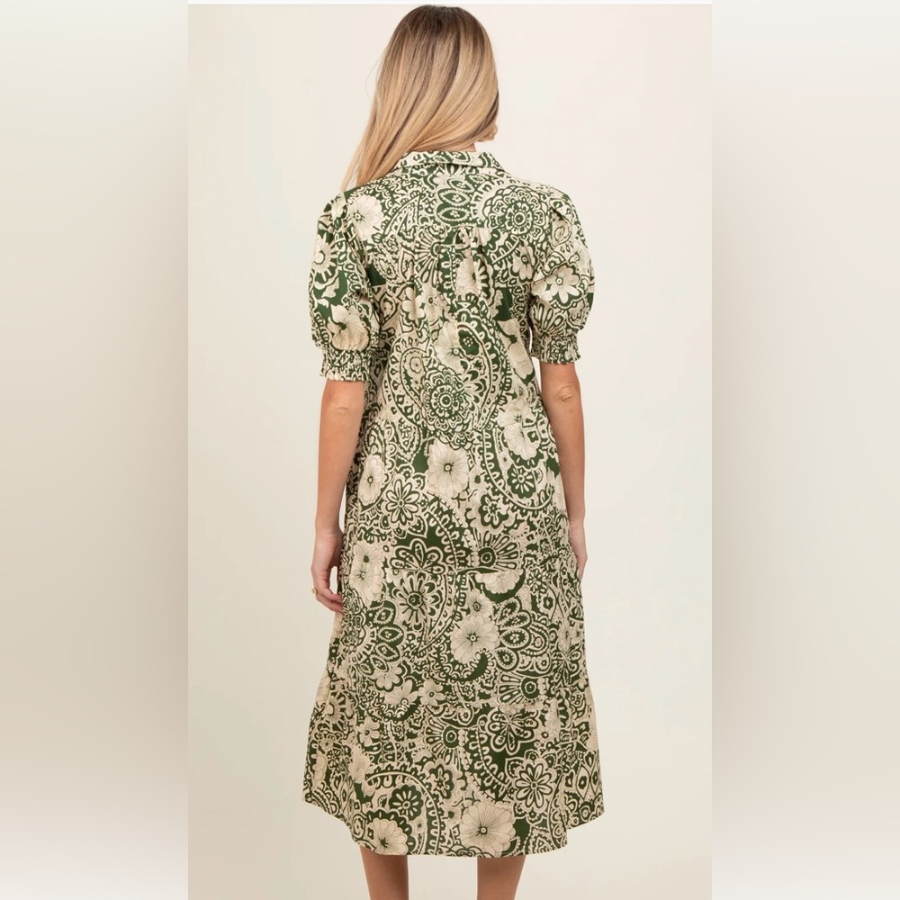Olive Floral Collared Tiered Maternity Midi Dress